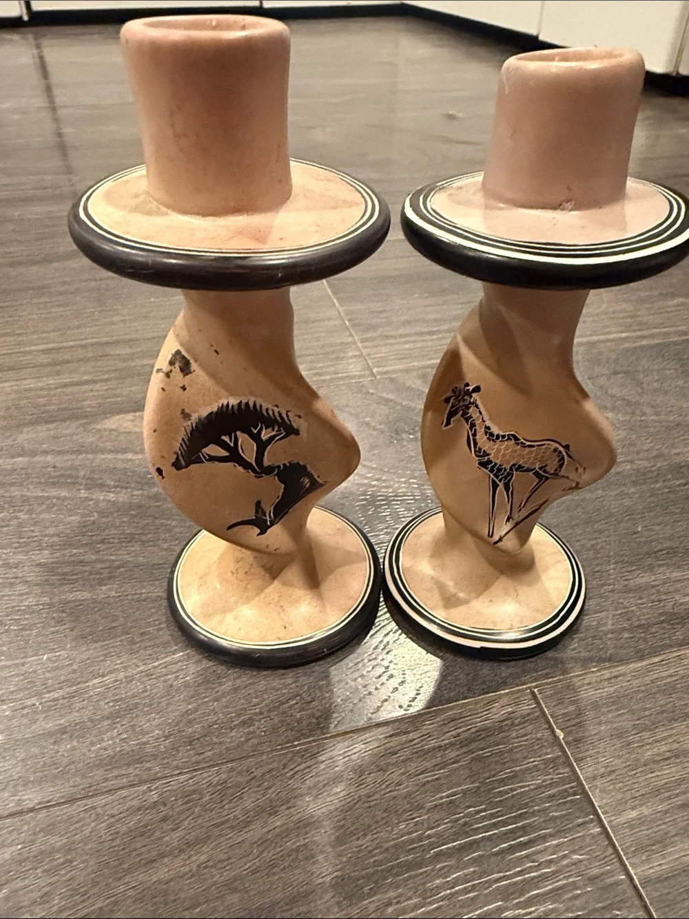 Handcrafted African-Inspired Tan Ceramic Candle Holders - Pair 8:5